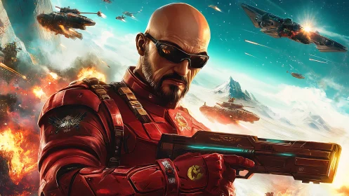 Armored space commander leads a fiery interstellar assault.