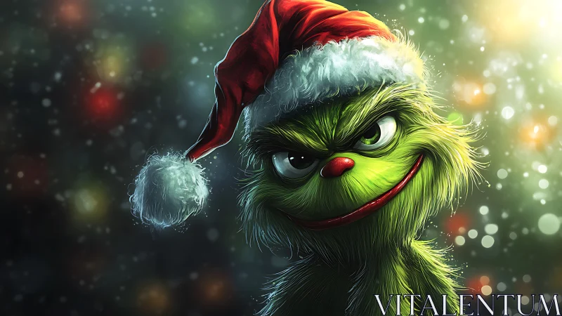 Mischievous green creature in vivid Christmas lighting.