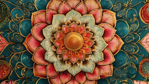 Layered mandala blossom with ornate teal and gold backdrop.