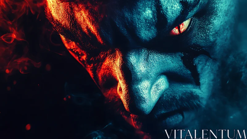 Demonic warrior portrait in split red cyan cinematic light.