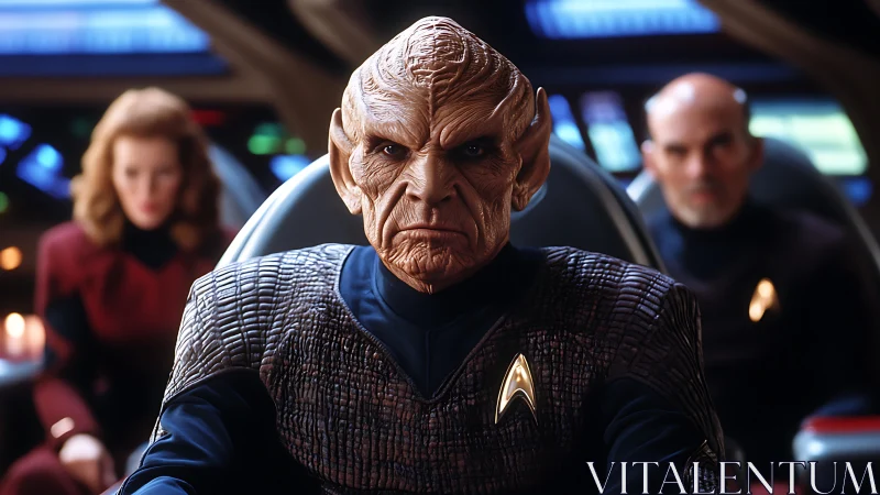 Alien starship commander in textured uniform on bridge.