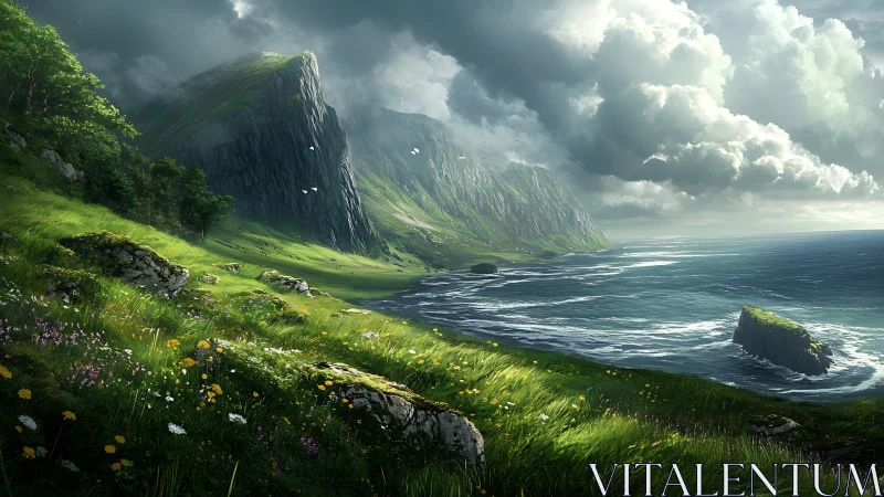 Stormlit coastal cliffs with emerald meadows and wildflowers.