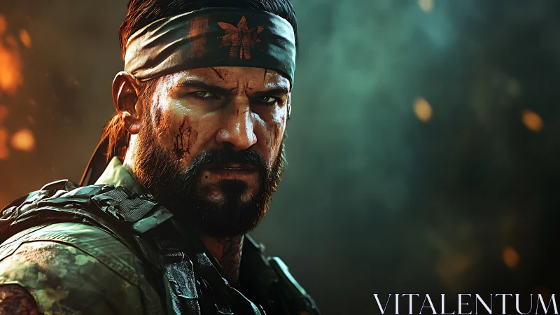 Scarred soldier in emberlit fog stares down the horizon.