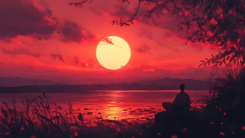 Peaceful sunset meditation beside a glowing red horizon.