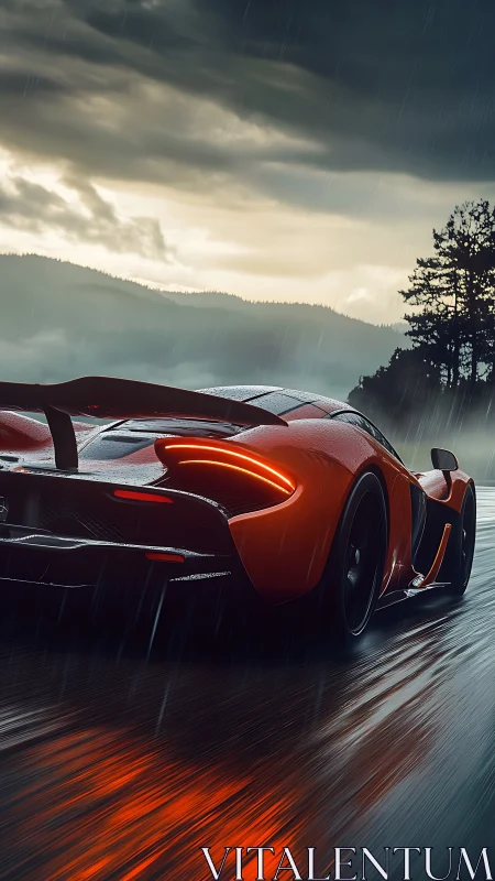 Supercar slices wet mountain road under storm clouds.