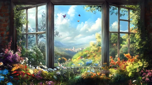 Window view over flower garden to distant village.