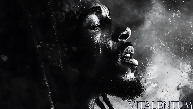 Monochrome profile portrait of man in textured smoke field.