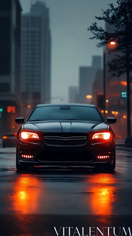 Sleek black sports sedan glows on rainy city street at dusk.