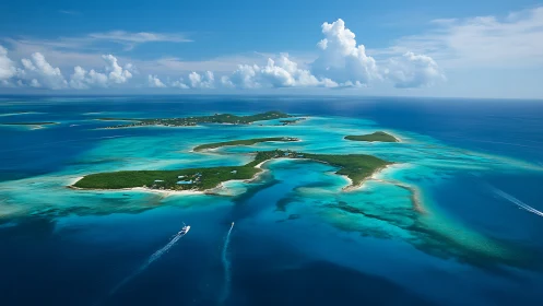 Aerial view of tropical island archipelago with turquoise waters.