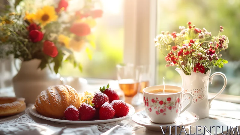 Morning tea with pastry, strawberries and floral table decor.