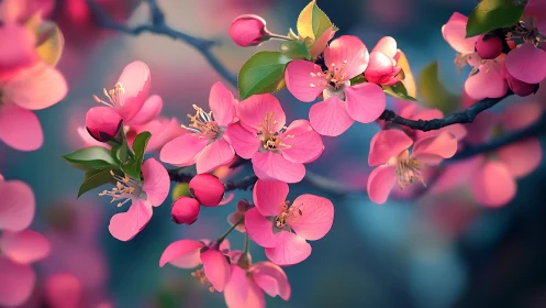 Pink blossoms cluster on branch with soft blurred background