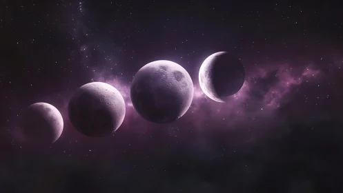 Four lunar ghosts drift through violet cosmic twilight.