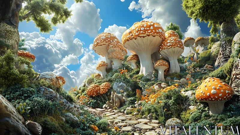 Giant orange mushrooms forming a fantasy forest path.