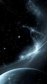 Digital rendering depicts starfield, nebula arc, and planet limb