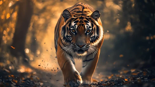 Tiger walking on forest path with warm backlit ambiance.