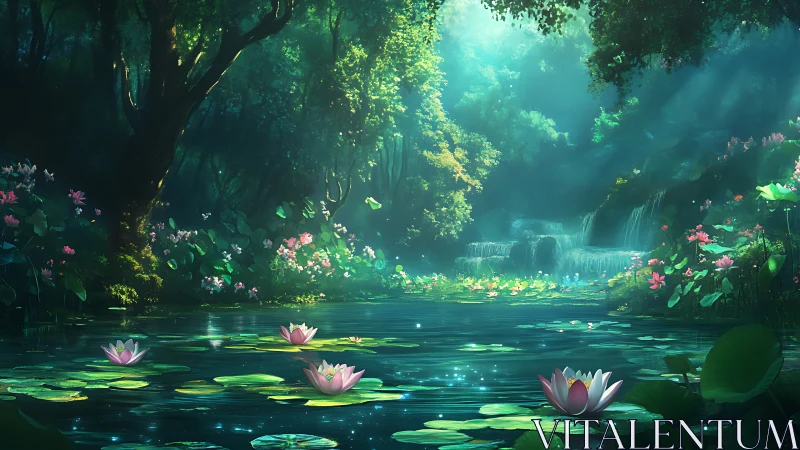 Iridescent woodland pond with lotus blooms and tiered cascades