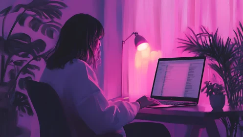 Person using laptop in pink-lit room with indoor plants.
