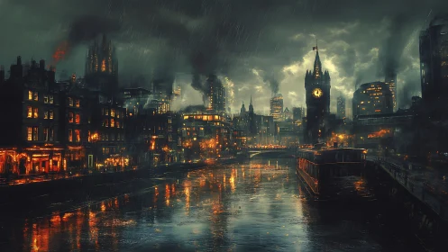 Cyberpunk riverfront skyline under storm-lit industrial rain.