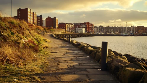 Golden harbor walkway leading toward a cozy seaside town.