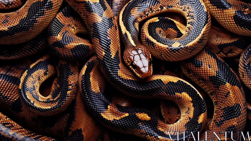 Glistening patterned snake coils rest in calm, vivid detail