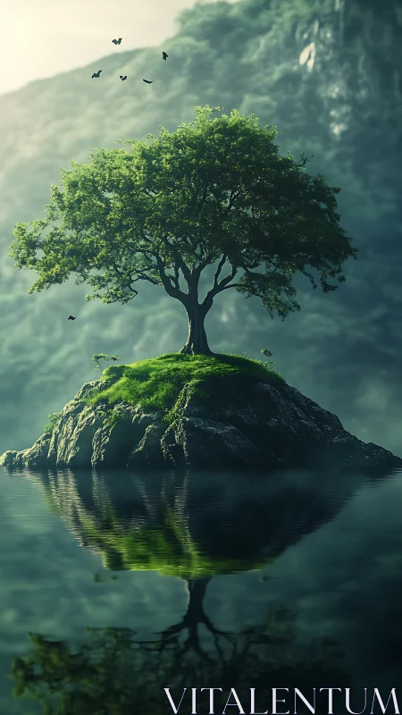 Solitary arboreal island with mirrored lacustrine reflection.