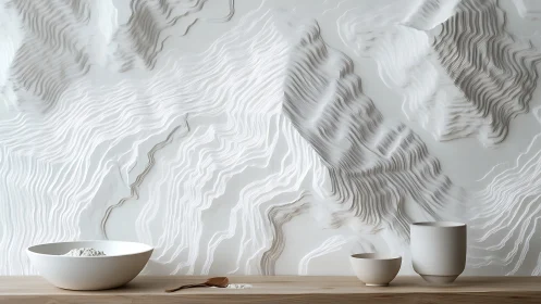 Layered wall relief with white ceramic tableware arrangement.