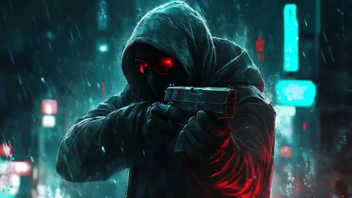 Hooded armed figure stands in rain with neon city backdrop