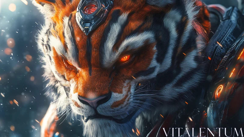 Cybernetic tiger portrait with glowing eyes and armor detail