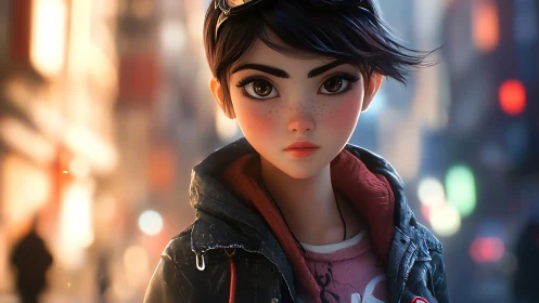 Stylized young woman in urban night street environment.