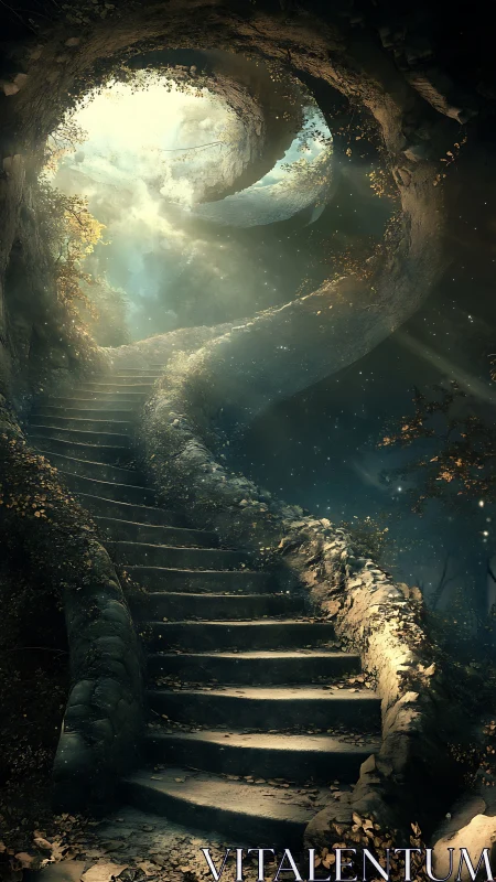 Spiral forest stairway winding toward a secret sky portal.