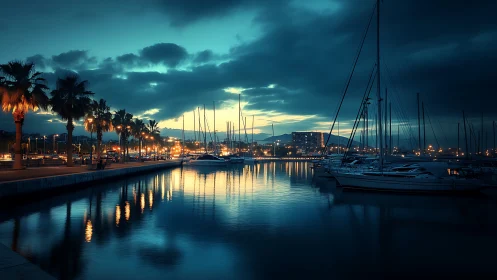 Harbor marina at dusk with moored yachts and palm lights.
