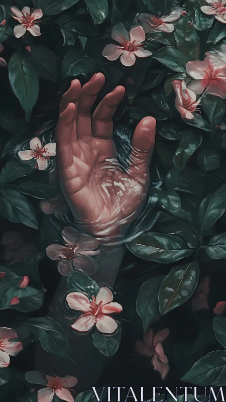 Drowned garden hand reaching through glassy, enchanted water.