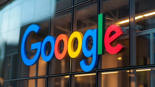 Corporate signage captures colorful Google logotype on glass façade