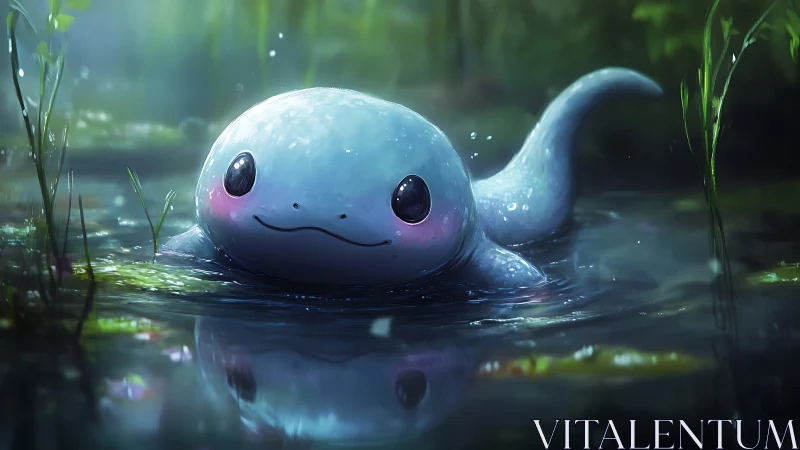 Cute blue salamander glows softly in misty forest pond.