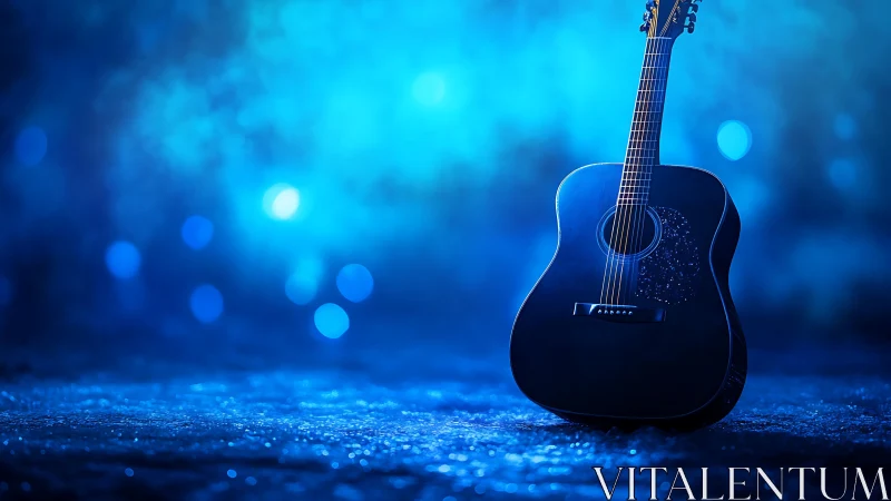 Blue acoustic guitar standing on reflective textured ground.