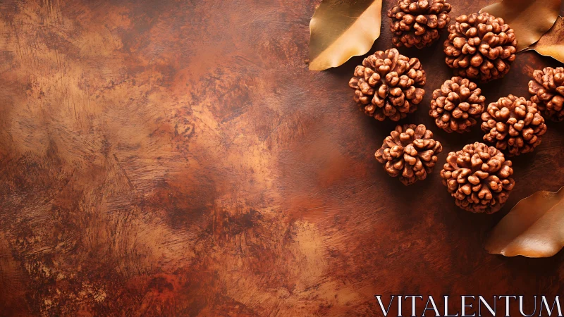 Copper toned decorative nuts on textured brown background.
