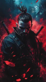 Battle-hardened warrior with swords in red and blue light.