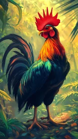 Vibrant Rooster Stands Tall in Golden Jungle Light.