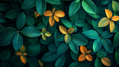 Emerald foliage with golden accent leaves in soft focus field.