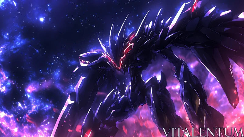 Armored dark mecha looms over glowing cosmic nebula field