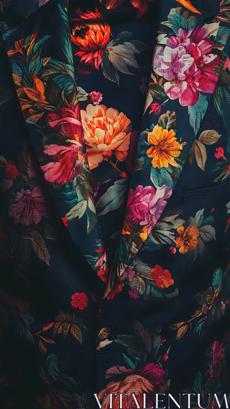 Dark floral blazer with bold multicolored botanical pattern.