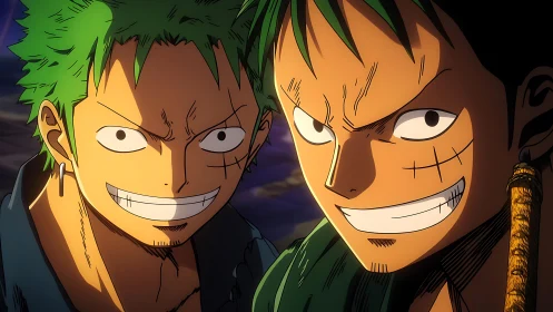 Anime swordsmen close-up with intense grins and scars.