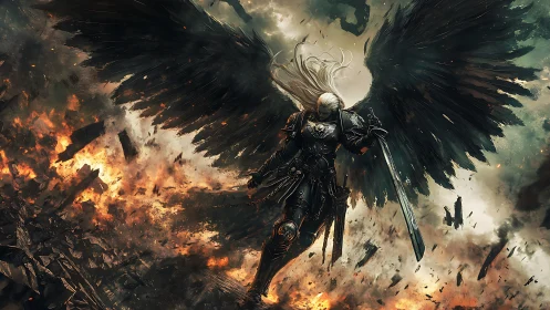Dark winged angel strides through firelit battlefield ruins