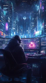 Cyberpunk hacker commands neon citywide data grid