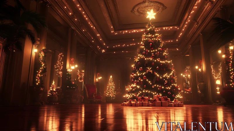 Grand hall illumination with symmetrically staged Christmas tree.
