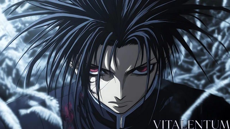 Dark haired anime male with red eyes in energy filled scene.