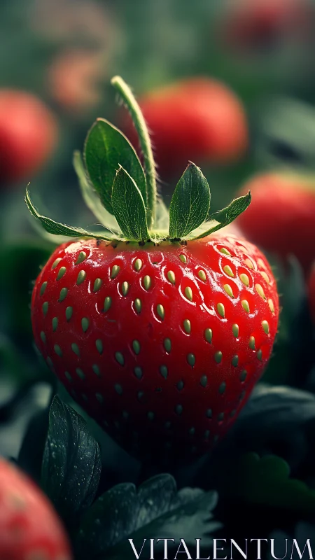 Ripe strawberry glows under soft light with crisp surface detail