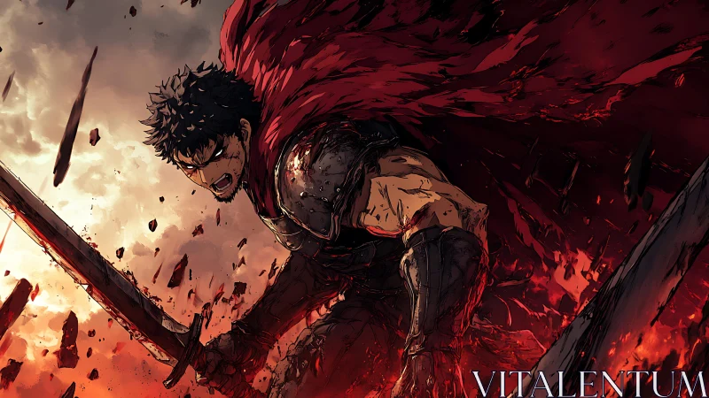 Blood-drenched warrior charges through burning battlefield.