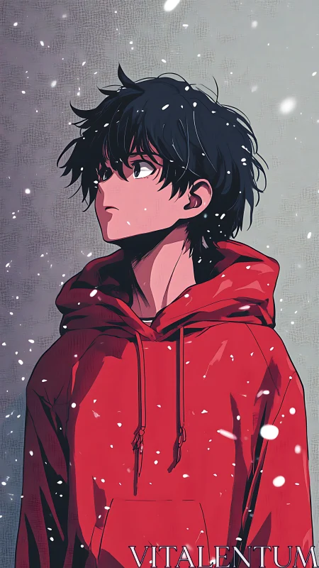 Solitary anime boy in red hoodie studies drifting winter snow