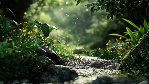 Sunlit forest stream glows softly through lush green undergrowth